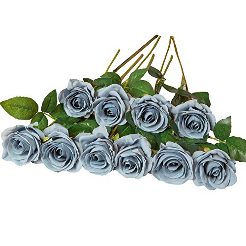 DuHouse 10 Stück künstliche Rosen Seidenblumen Fake Rose 54cm einzelnen Langen Stiel künstlich Blumen Bouquet für Brautstrauß Arrangement Hochzeit Tafelaufsatz Party Haus Küche Dekor(grau blau) von DuHouse