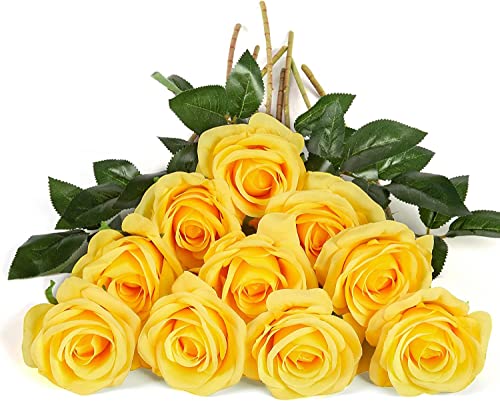 DuHouse 10 Stück künstliche Rosen Seidenblumen Fake Rose 54cm einzelnen Langen Stiel künstlich Blumen Bouquet für Brautstrauß Arrangement Hochzeit Tafelaufsatz Party Haus Küche Dekor(reines Gelb) von DuHouse