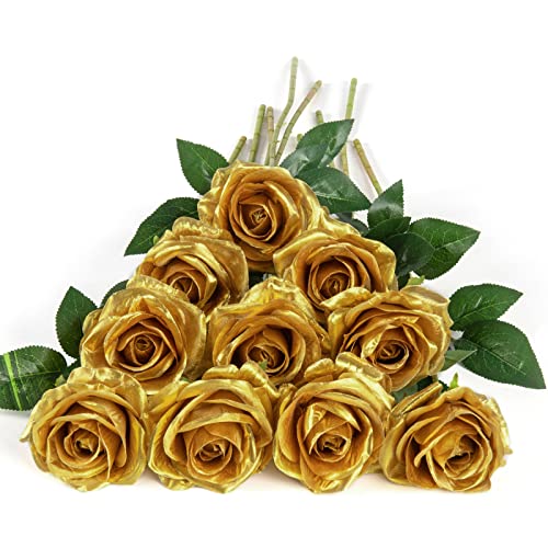 DuHouse 10 Stück künstliche Rosen Seidenblumen Fake Rose 54cm einzelnen Langen Stiel künstlich Blumen Bouquet für Brautstrauß Arrangement Hochzeit Tafelaufsatz Party Haus Küche Dekor(Gold) von DuHouse