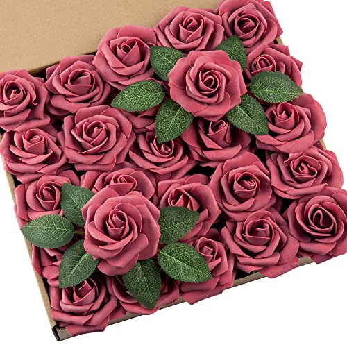 DuHouse Künstliche Rosen Blumen Fake Schaumstoff Rosen Köpfe mit Stiel Künstliche Blumen Rose für Hochzeit Home Party Baby Dusche Valentinstag Deko(25 Stück,Weinrot) von DuHouse