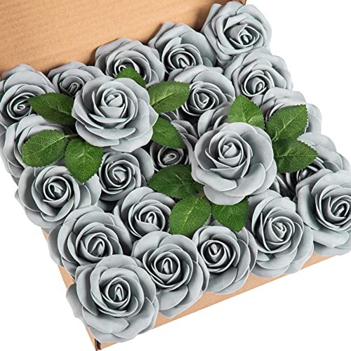 DuHouse Künstliche Rosen Blumen Fake Schaumstoff Rosen Köpfe mit Stiel Künstliche Blumen Rose für Hochzeit Home Party Baby Dusche Valentinstag Deko(25 Stück,grau) von DuHouse