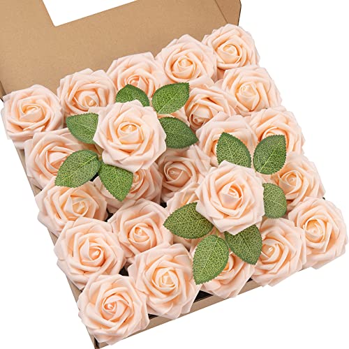 DuHouse Künstliche Rosen Blumen Fake Schaumstoff Rosen Köpfe mit Stiel Künstliche Blumen Rose für Hochzeit Home Party Baby Dusche Valentinstag Deko(25 Stück,Champagner) von DuHouse