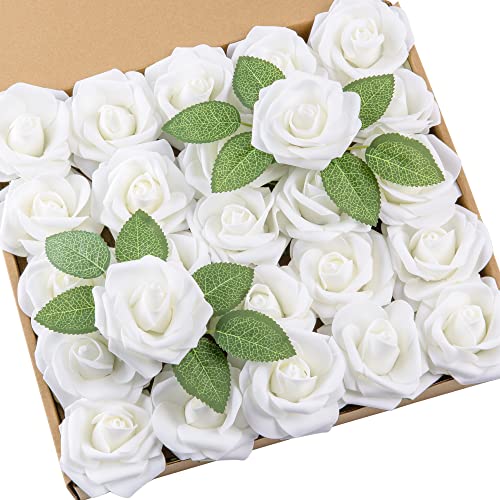 DuHouse Künstliche Rosen Blumen Fake Schaumstoff Rosen Köpfe mit Stiel Künstliche Blumen Rose für Hochzeit Home Party Baby Dusche Valentinstag Deko(25 Stück,Elfenbein) von DuHouse