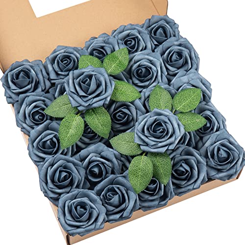 DuHouse Künstliche Rosen Blumen Fake Schaumstoff Rosen Köpfe mit Stiel Künstliche Blumen Rose für Hochzeit Home Party Baby Dusche Valentinstag Deko(25 Stück,staubiges Blau) von DuHouse