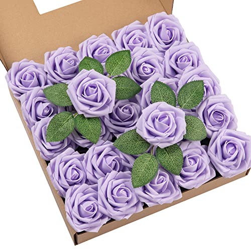 DuHouse Künstliche Rosen Blumen Fake Schaumstoff Rosen Köpfe mit Stiel Künstliche Blumen Rose für Hochzeit Home Party Baby Dusche Valentinstag Deko(25 Stück,Hellviolett) von DuHouse