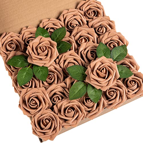 DuHouse Künstliche Rosen Blumen Fake Schaumstoff Rosen Köpfe mit Stiel Künstliche Blumen Rose für Hochzeit Home Party Baby Dusche Valentinstag Deko(25 Stück,Kaffee) von DuHouse