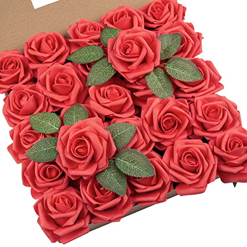 DuHouse Künstliche Rosen Blumen Fake Schaumstoff Rosen Köpfe mit Stiel Künstliche Blumen Rose für Hochzeit Home Party Baby Dusche Valentinstag Deko(25 Stück,Rot) von DuHouse