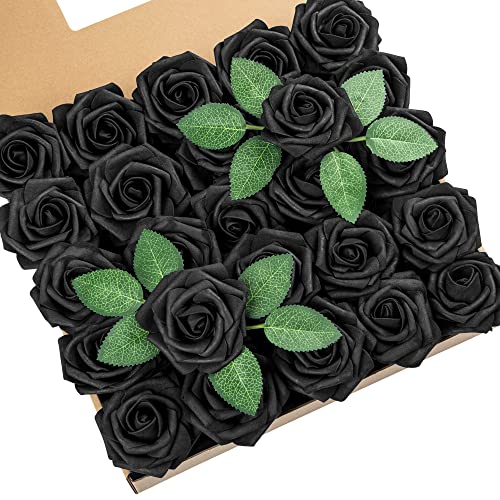 DuHouse Künstliche Rosen Blumen Fake Schaumstoff Rosen Köpfe mit Stiel Künstliche Blumen Rose für Hochzeit Home Party Baby Dusche Valentinstag Deko(25 Stück,Schwarz) von DuHouse