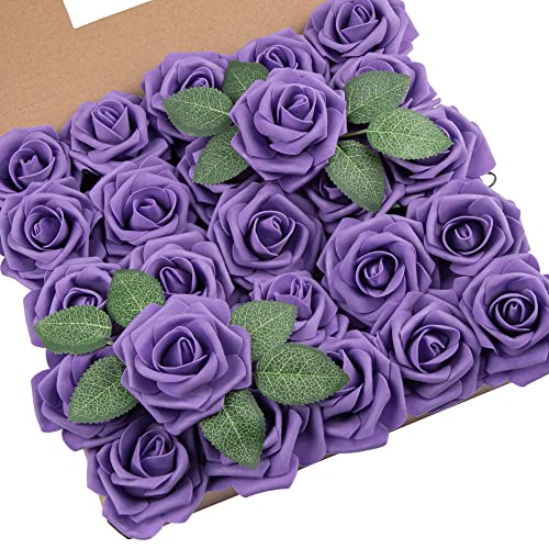 DuHouse Künstliche Rosen Blumen Fake Schaumstoff Rosen Köpfe mit Stiel Künstliche Blumen Rose für Hochzeit Home Party Baby Dusche Valentinstag Deko(25 Stück,lila) von DuHouse