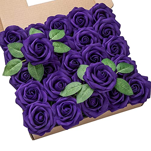 DuHouse Künstliche Rosen Blumen Fake Schaumstoff Rosen Köpfe mit Stiel Künstliche Blumen Rose für Hochzeit Home Party Baby Dusche Valentinstag Deko(25 Stück,lila) von DuHouse