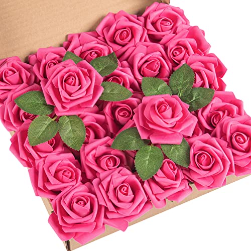 DuHouse Künstliche Rosen Blumen Fake Schaumstoff Rosen Köpfe mit Stiel Künstliche Blumen Rose für Hochzeit Home Party Baby Dusche Valentinstag Deko(25 Stück,rosa Caldo) von DuHouse