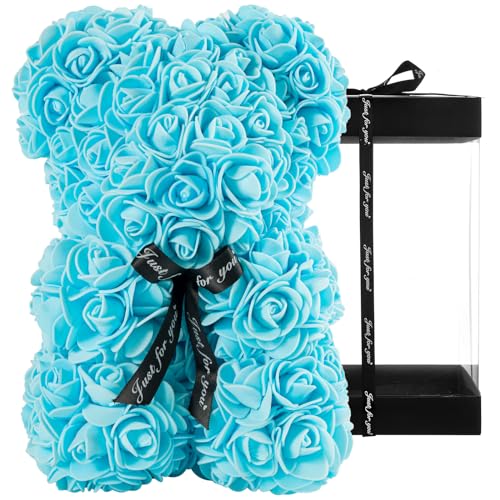 DuHouse Rose Bär Rose Teddybär Blume Geschenk Black Box für Valentinstag Jahrestag Muttertag Weihnachten, Geburtstage Bridal Showers Vollständig handgefertigt 25,4 cm Blume Bär (Baby Blue) von DuHouse