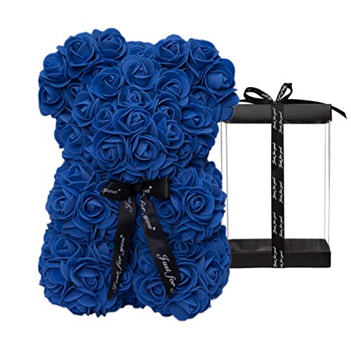 DuHouse Rose Bär Rose Teddybär Blume Geschenk Black Box für Valentinstag Jahrestag Muttertag Weihnachten, Geburtstage Bridal Showers Vollständig handgefertigt 25,4 cm Blume Bär (Königsblau) von DuHouse