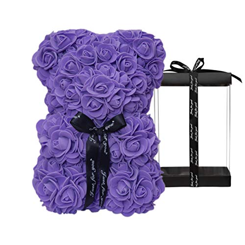 DuHouse Rose Bär Rose Teddybär Blume Geschenk Black Box für Valentinstag Jahrestag Muttertag Weihnachten, Geburtstage Bridal Showers Vollständig handgefertigt 25,4 cm Blume Bär (lila) von DuHouse