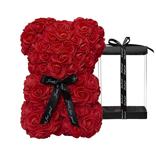 DuHouse Rose Bär Rose Teddybär Blume Geschenk Black Box für Valentinstag Jahrestag Muttertag Weihnachten, Geburtstage Bridal Showers Vollständig handgefertigt 25,4 cm Blume Bär (rot) von DuHouse
