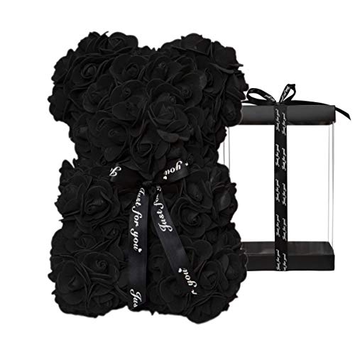 DuHouse Rose Bär Rose Teddybär Blume Geschenk Black Box für Valentinstag Jahrestag Muttertag Weihnachten, Geburtstage Bridal Showers Vollständig handgefertigt 25,4 cm Blume Bär (schwarz) von DuHouse