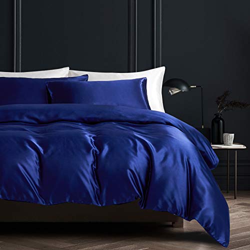 DuShow Satin-Bettwäsche-Set für King-Size-Bett, seidiges Marineblau, 3-teilig, weicher Bettbezug und 2 Kissenbezüge mit Reißverschluss, 220 x 230 cm von DuShow