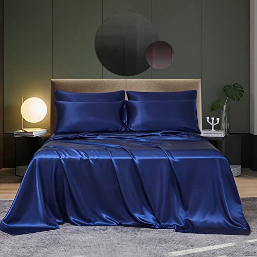 DuShow Satin-Spannbettlaken, King-Size-Bettlaken, seidiges Satin, 4-teiliges Bettwäscheset mit 38,1 cm tiefen Spannbettlaken, 1 weiches Bettlaken und 2 Satin-Kissenbezüge (Marineblau) von DuShow