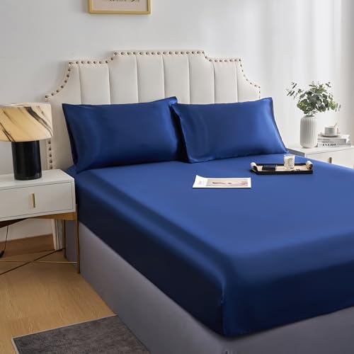 DuShow Satin-Spannbettlaken, Satin, für Doppelbett, Marineblau, seidiges Spannbetttuch, tiefe Tasche, Satin-Spannbetttuch und 2 Kissenbezüge, Marineblau von DuShow