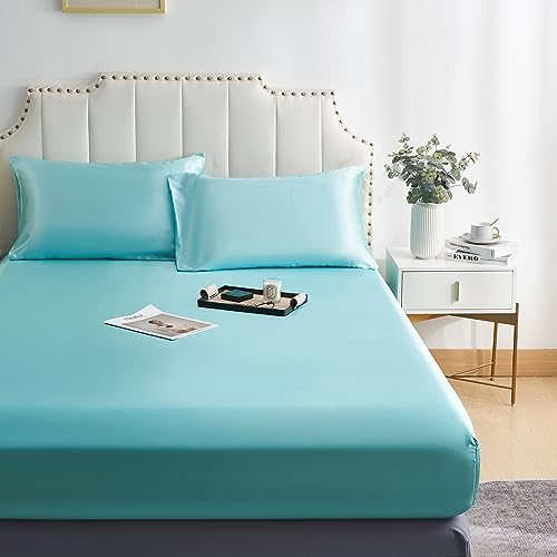 DuShow Satin-Spannbettlaken Blau Doppelbett 140x200cm, Seidige Satin- Bettlaken mit tiefen Taschen,Atmungsaktive weiche Bequeme Satin-Bettwäsche, Spannbettlaken Blau,geeignet für Matratzen bis 30cm von DuShow