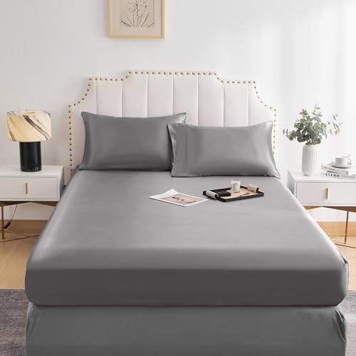 DuShow Satin-Spannbettlaken Grau Doppelbett 140x200cm, Seidige Satin- Bettlaken mit tiefen Taschen,Atmungsaktive weiche Bequeme Satin-Bettwäsche, Spannbettlaken Grau,geeignet für Matratzen bis 30cm von DuShow