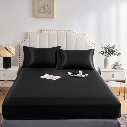 DuShow Satin-Spannbettlaken Schwarz Doppelbett 140x200cm, Seidige Satin- Bettlaken mit tiefen Taschen,Atmungsaktive weiche Bequeme Satin-Bettwäsche, Spannbettlaken,geeignet für Matratzen bis 30cm von DuShow