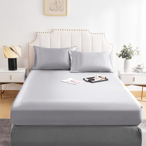 DuShow Satin-Spannbettlaken Silbergrau Doppelbett 140x200cm,Seidige Satin-Bettlaken mit tiefen Taschen,Atmungsaktive weiche Satin-Bettwäsche,Spannbettlaken Silbergrau,geeignet für Matratzen bis 30cm DuShow Satin-Spannbettlaken Silbergrau Doppelbett 140x200cm,Seidige Satin-Bettlaken mit tiefen Taschen,Atmungsaktive weiche Satin-Bettwäsche,Spannbettlaken Silbergrau,geeignet für Matratzen bis 30cm von DuShow