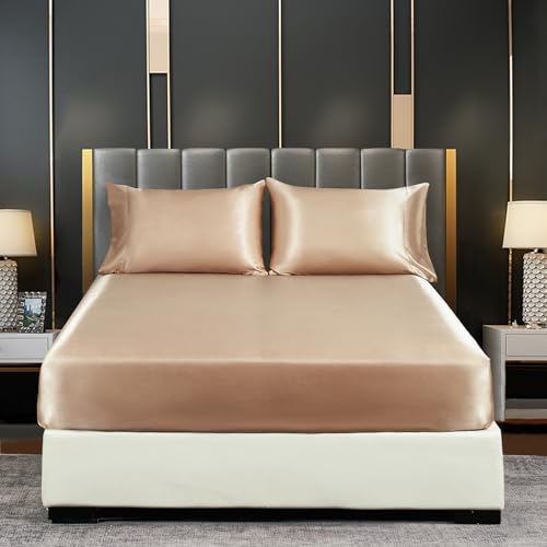 DuShow Satin-Spannbettlaken Taupe Einzelbett 100x200cm, Seidige Satin- Bettlaken mit tiefen Taschen,Atmungsaktive weiche Bequeme Satin-Bettwäsche Spannbettlaken,geeignet für Matratzen bis 30cm von DuShow