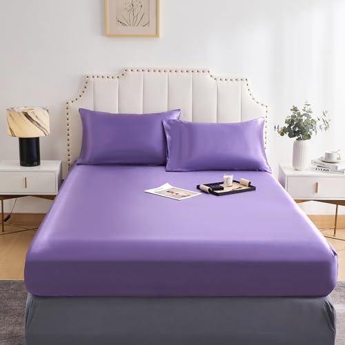 DuShow Satin-Spannbettlaken lila Doppelbett 140x200cm, Seidige Satin- Bettlaken mit tiefen Taschen,Atmungsaktive weiche Bequeme Satin-Bettwäsche, Spannbettlaken,geeignet für Matratzen bis 30cm von DuShow