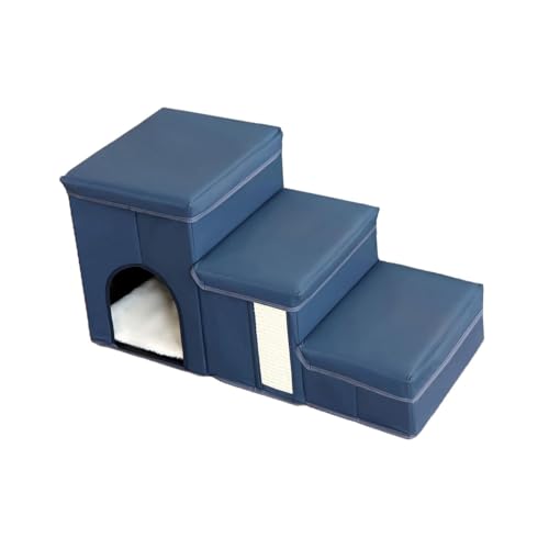 Dualoai Haustierleiter 3 Stufige Katzentreppe Hundetreppe Heimtierleiter Aus Robustem Stoff Platzsparend Faltbar mit Aufbewahrungsbox Und Sicherem Stand für C, Navy Blau von Dualoai