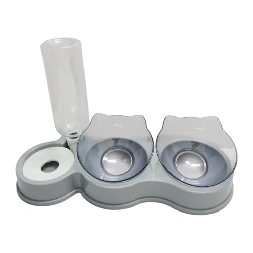 Dualoai Katzennapf Doppelschale Fressnapf Wassernapf Haustierschale Aus Robustem Pp Material mit 500ml Wasserflasche Und 15 Grad Neigung für Katzen Hunde Fütt, Grau von Dualoai