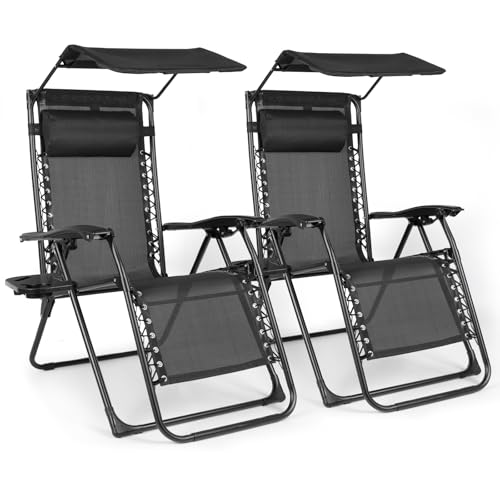 DuangDuang Zero Gravity Stühle 2er Set, Übergroßer Outdoor-Liegestuhl mit Baldachin, Sonnenliege mit Sonnenschirm, faltbare Outdoor-Liege mit Getränkehalter-Tablett für Hinterhof, Strand, Camping von DuangDuang