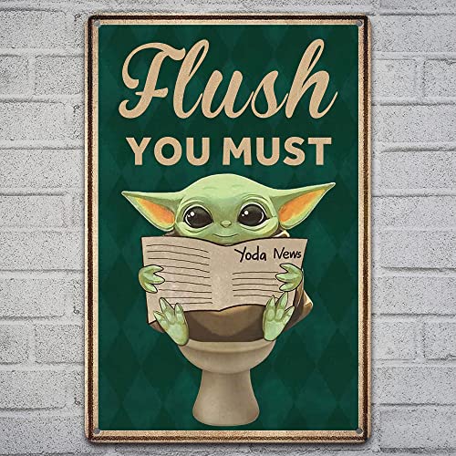 Retro Badezimmer Metallschild Wanddekoration, Baby Yoda Flush You Must Metall-Blechschild Lustiges Flush The Toilet Schild Badezimmer Schilder Dekor für Zuhause, Büro, Bauernhaus Poster Dekor (20,3 x von Duasli