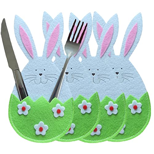 Dubbulon 4 Ostern Besteckhalter Filz, Osterbestecktaschen, Osterhasen Besteckhalter, Ostern Tisch Deko Osterhase Bestecktasche, Tischdeko Kaninchen Besteckbeutel Serviettentaschen Für Besteck Deko von Dubbulon