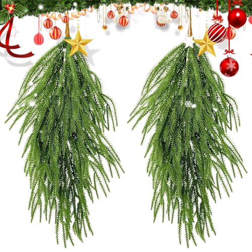 Dubbulon Künstlicher Kiefernkranz | Weihnachtsgirlande Mit Tropfenform - 2 Stück UV-Beständige Kieferngirlanden 66 cm Für Terrasse, Tisch, Geländer, Tür, Wand, Innenbereich, Kamin, Treppe, Decke von Dubbulon