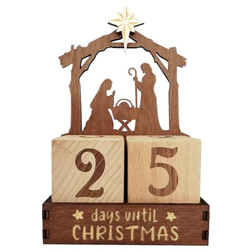 Dubbulon Weihnachtskalender Countdown | 25 Tage Holz Krippenszene Weihnachts Adventskalender - Deko Figuren Set Für Tisch Wohnzimmer Schlafzimmer Heimdekoration von Dubbulon