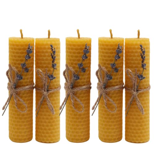 5er Set Handgerollte Bienenwachs Kerzen mit Lavendel - Natürliche und Nachhaltige Stumpenkerzen aus reinem Bienenwachs von DubrovSky