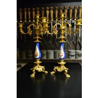 Paar Goldene Messing Kerzenhalter Mit Handbemalten Kachel Paar Goldene Messing Kerzenhalter Mit Handbemalten Kachel von DuccioBanchi