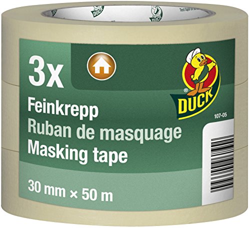 DUCK Feinkrepp 107-05 – Imprägniertes Kreppband zum Streichen & Lackieren – Malerkreppband für den Innenbereich – 3er Set 30mm x 50m von Duck