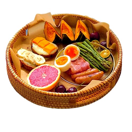 Dudoplatz Rundes Rattan Serviertablett mit Ausgeschnittenen Griffen, Handgeflochtenes Dekoratives Tablett, Vielseitig einsetzbar für Frühstück, Getränke, Snacks und Kerzen, Ideal für Couchtisch von Dudoplatz