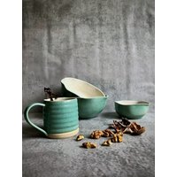 3Er-Set Grün-Weiße Keramikschalen | Türkisfarbene Aperitifschalen von DueVCeramiche