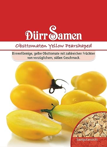 Gelbe Tomaten Samen Obsttomate Yellow Pearshaped Tomatensamen ca 25 Korn Saatgut Robust Ertragreich Garten Hochbeet Kübel Dürr Samen von Dürr-Samen