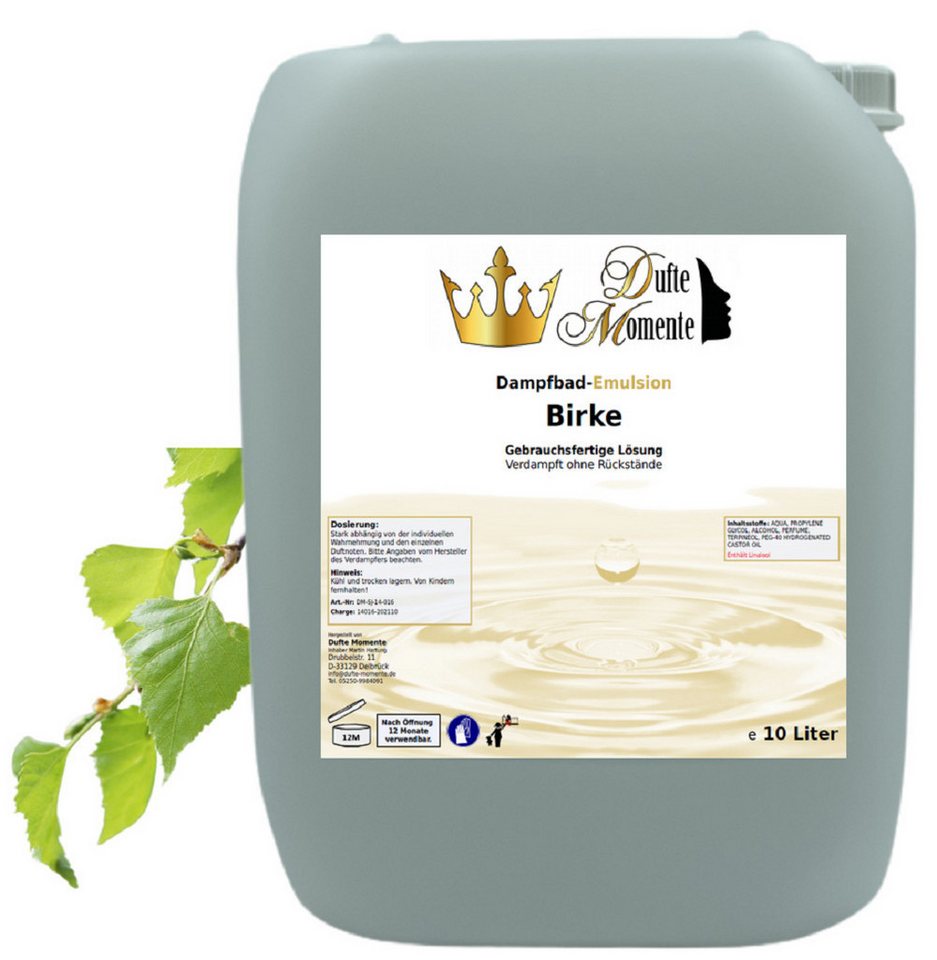 Dufte Momente Duftöl Dampfbad Emulsion Birke 10 Liter, gebrauchsfertig, vegan und Tierversuche Dufte Momente Duftöl Dampfbad Emulsion Birke 10 Liter, gebrauchsfertig, vegan und Tierversuche von Dufte Momente