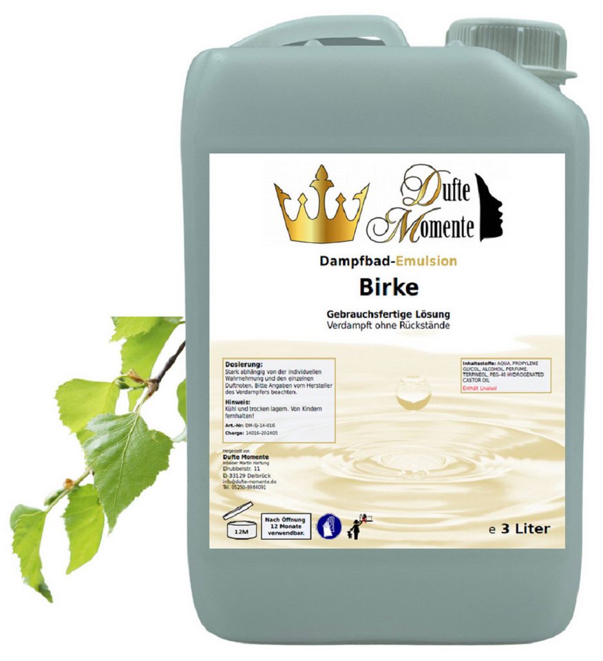 Dufte Momente Duftöl Dampfbad Emulsion Birke 3 Liter, gebrauchsfertig, vegan und ohne Tierversuche Dufte Momente Duftöl Dampfbad Emulsion Birke 3 Liter, gebrauchsfertig, vegan und ohne Tierversuche von Dufte Momente