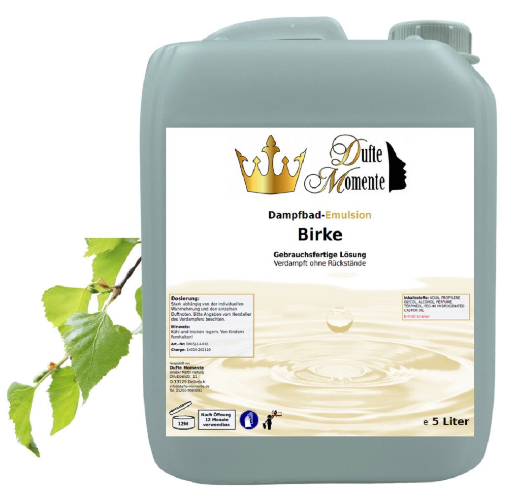 Dufte Momente Duftöl Dampfbad Emulsion Birke 5 Liter, gebrauchsfertig, vegan und ohne Tierversuche Dufte Momente Duftöl Dampfbad Emulsion Birke 5 Liter, gebrauchsfertig, vegan und ohne Tierversuche von Dufte Momente