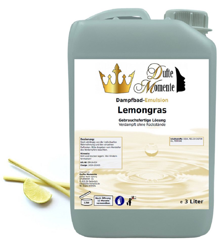 Dufte Momente Duftöl Dampfbad Emulsion Lemongras 3 Liter, gebrauchsfertig, vegan und ohne Tierversuche Dufte Momente Duftöl Dampfbad Emulsion Lemongras 3 Liter, gebrauchsfertig, vegan und ohne Tierversuche von Dufte Momente