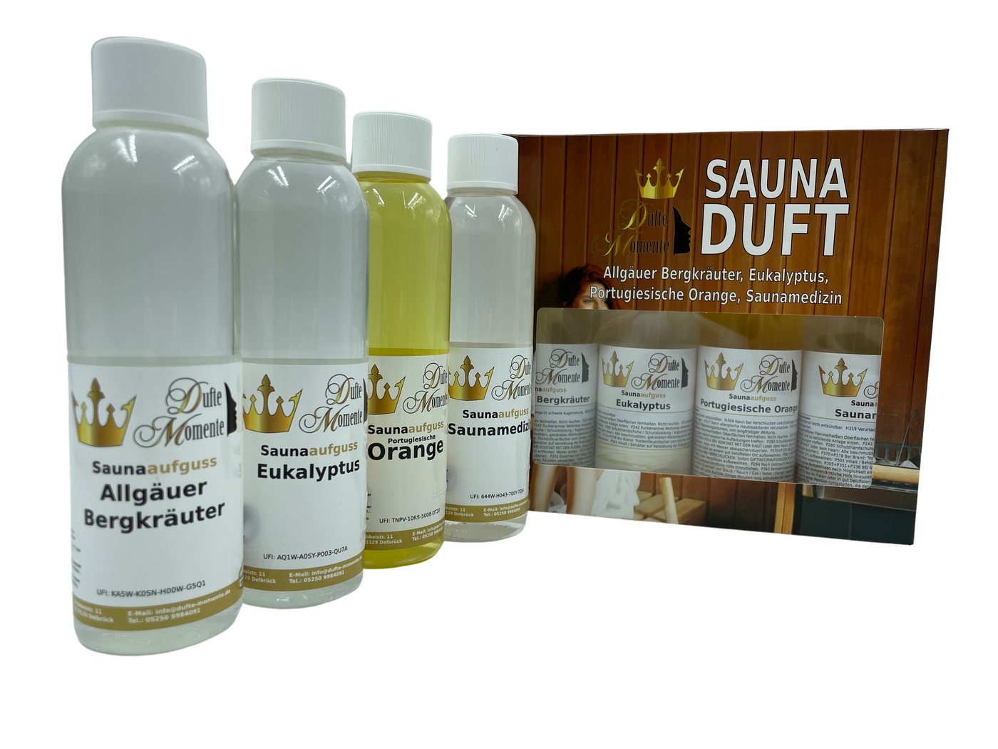 Dufte Momente Sauna-Aufgussset 4 x 250ml "Bestseller" (4-tlg) mit naturreinen und natürlichen ätherischen Ölen von Dufte Momente