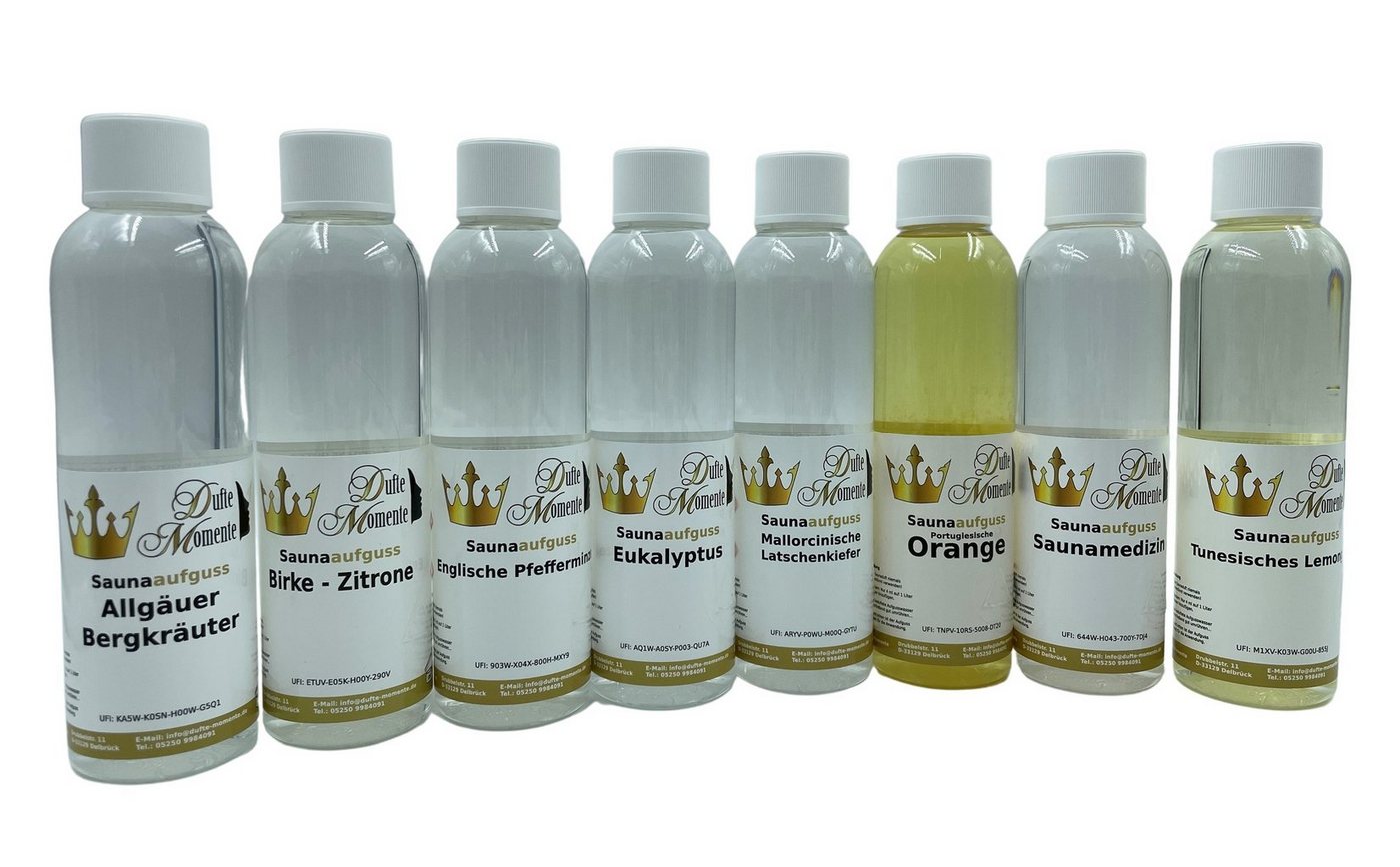 Dufte Momente Sauna-Aufgussset 8 x 250ml Sauna Klassiker (8-tlg) mit naturreinen ätherischen Ölen, vegan, ohne Tierversuche von Dufte Momente