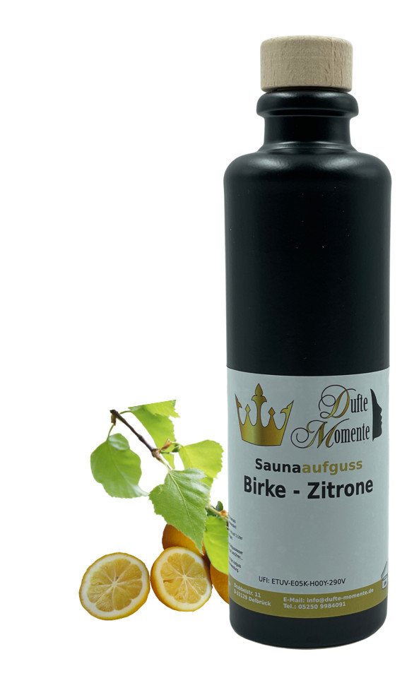 Dufte Momente Sauna-Aufgussset Birke - Zitrone 200ml in schwarzer Steinzeugflasche (1-tlg) vegan und ohne Tierversuche von Dufte Momente