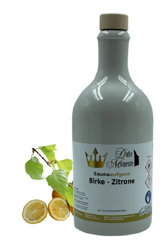 Dufte Momente Sauna-Aufgussset Birke-Zitrone 500ml in weißer Steingutflasche (1-tlg) naturreine ätherische Öle, vegan, ohne Tierversuche von Dufte Momente